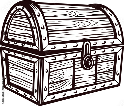 Hand drawn wooden treasure chest with metal accents and clasp vintage black and white sketch illustration