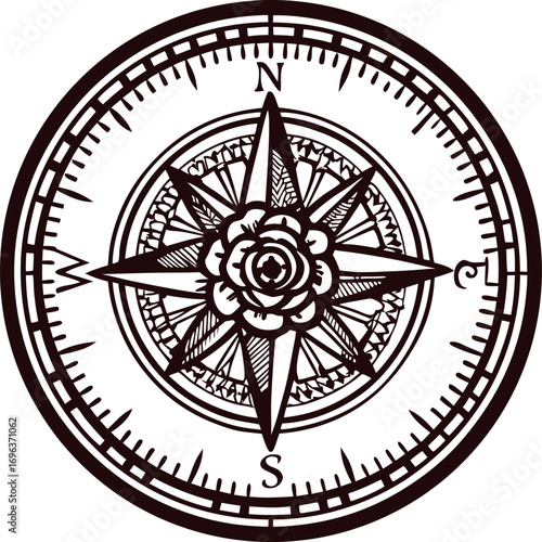 Vintage nautical compass rose illustration with ornate floral center and detailed directional markings