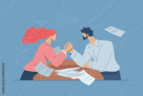 Business man and woman arm wrestling at table with documents vector illustration.