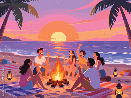 Beach Bonfire Party at Sunset with Friends and Ocean Views - Flat 2D Vector Illustration