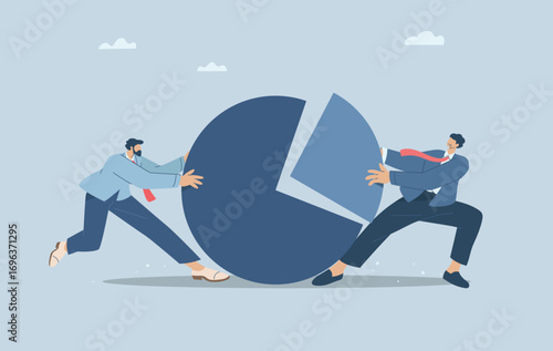 Two businessmen competing for a pie chart, Market share competition, Vector illustration.