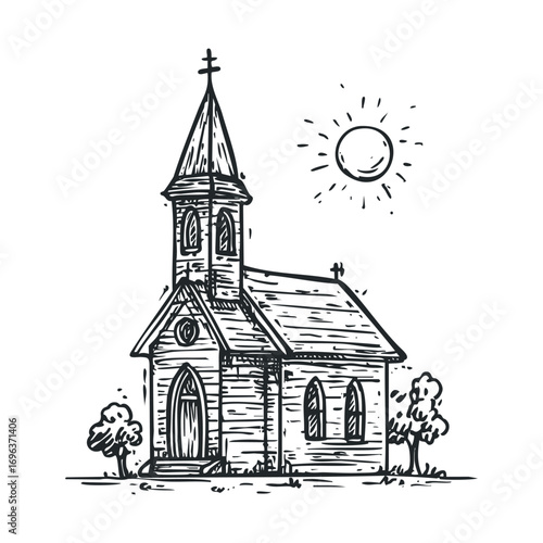 Charming wooden church with sun and trees in a serene setting. Vector hand drawn illustration