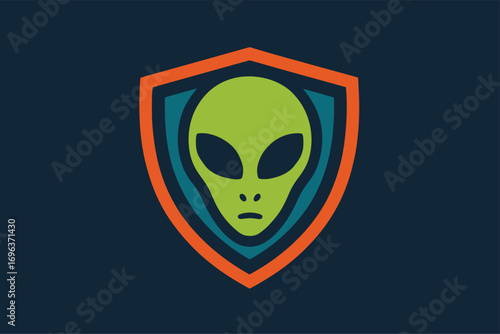 Stylized Green Alien Head Mascot Inside a Shield Emblem.