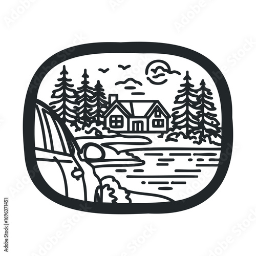 Tranquil lakeside cabin surrounded by evergreen trees at sunset
