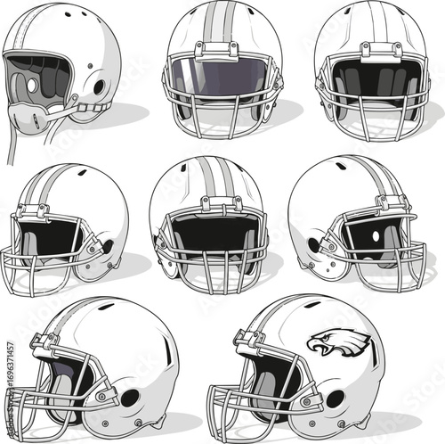 Create a kinds of deferent american football white helmet vector art with white background..eps
Actions: