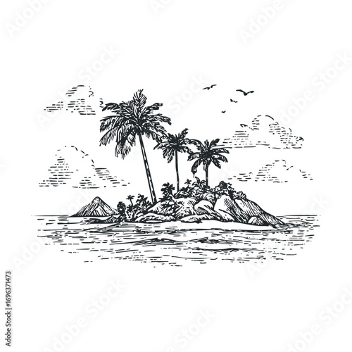 Serene tropical island with palm trees and calm waters for design. Vector hand drawn illustration