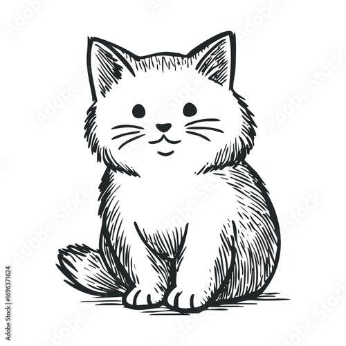 Cute fluffy cat sitting calmly with a playful expression. Vector hand drawn illustration