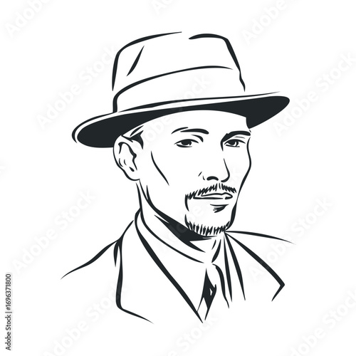 Classic gentleman in hat and suit capturing timeless elegance. Vector hand drawn illustration