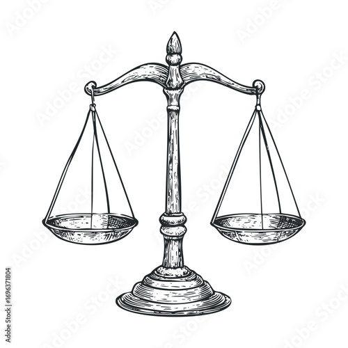 Classic balance scale representing justice in legal matters. Vector hand drawn illustration