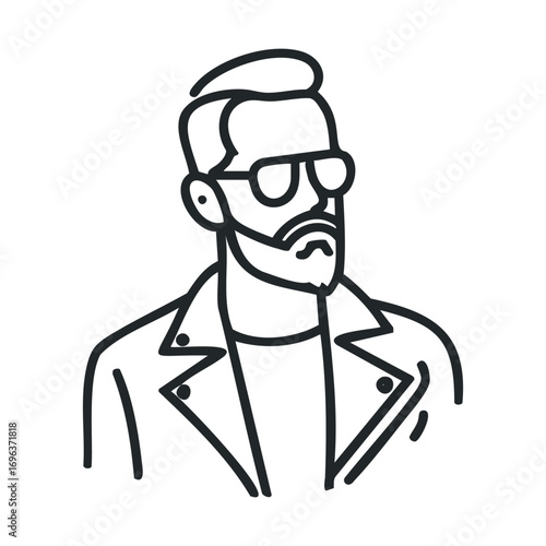 Stylish man with beard and sunglasses wearing leather jacket. Vector line illustration