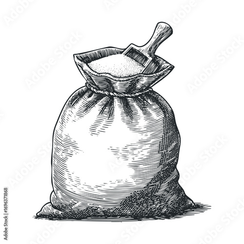 Detailed depiction of a burlap bag filled with granular substance. Vector hand drawn illustration