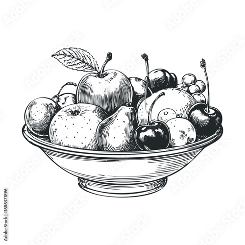 Fresh fruit bowl with assorted fruits for healthy living. Vector hand drawn illustration