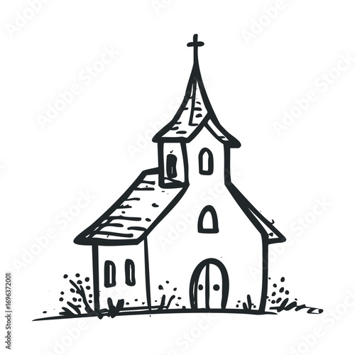 Charming rustic church with a bell tower and simple design. Vector hand drawn illustration