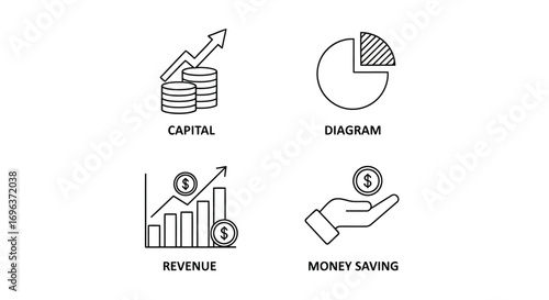 Vector illustration of set of four financial icons including capital growth, pie chart diagram, revenue bar chart, and money saving hand