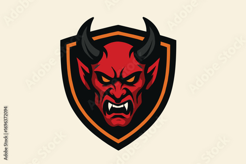 Fierce Devil Mascot Logo on Shield, Red Demon with Horns.