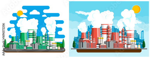Industrial factory landscape with smoking chimney pollutant air pollution. Environment problem energy power generation station plant. Ecological disaster flat illustration.