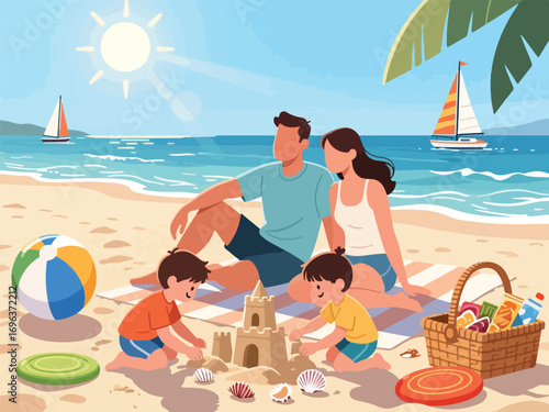 Family Enjoying a Fun Beach Day with Sandcastles and Ocean Views - Flat 2D Vector Illustration
