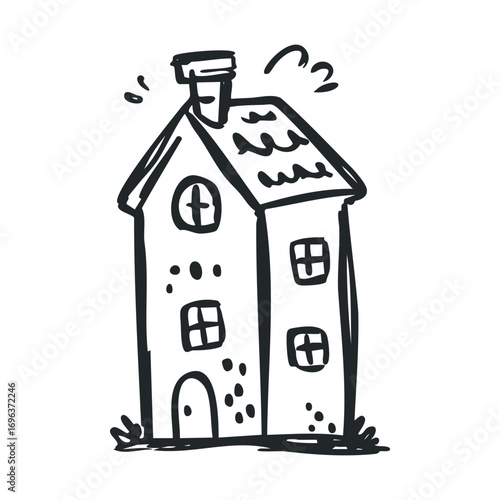 Charming hand drawn house with chimney and unique design elements. Vector hand drawn illustration