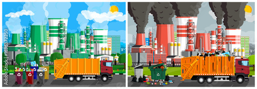 Clean and polluted factory landscape with garbage truck and recycle bins. Environmental problems and ecological impact concept for Earth Day.