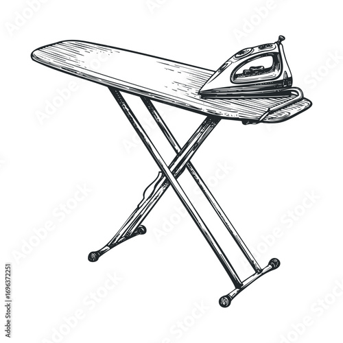 Ironing board and iron for home clothing care and maintenance. Vector hand drawn illustration
