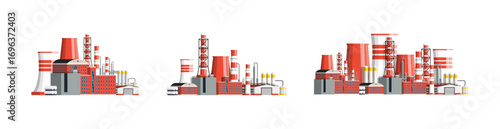 Set of industrial factory buildings with smoke pipe. Plant facility production and industrial complex element. Processing power station concept.