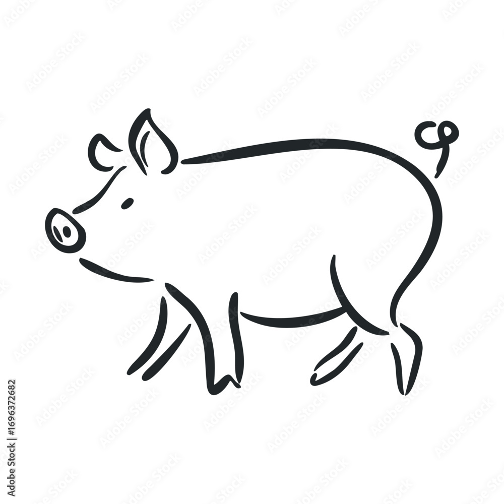 Fototapeta premium Playful pig walking through a farm yard in a whimsical style. Vector line illustration