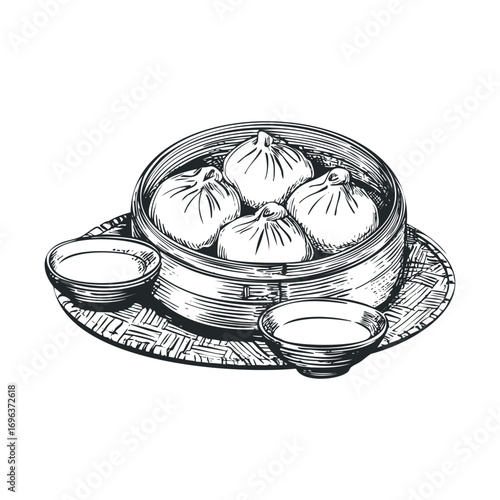 Delicious dumplings served in a bamboo steamer for culinary enjoyment. Vector hand drawn illustration