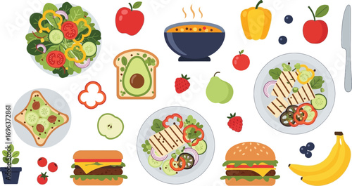 Vibrant assortment of healthy and delicious food, from fresh salads to hearty burgers and fruits