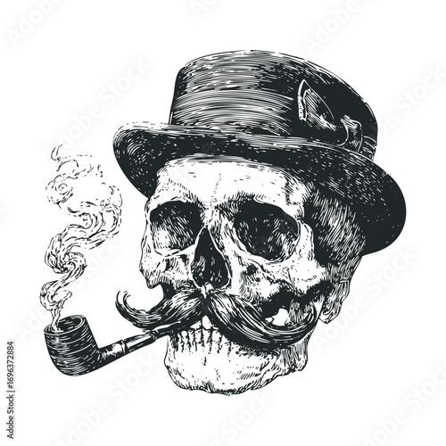 Elegant skull with top hat and smoking pipe design for vintage decor. Vector hand drawn illustration