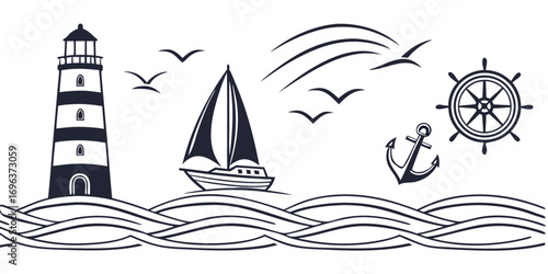 Nautical Scene with Lighthouse, Sailboat, and Anchor