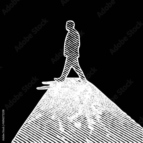 Silhouette of a person walking on a minimalist path in a striking black and white design during nighttime