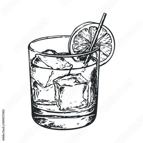 Refreshing cocktail with ice and lime garnish for summer enjoyment. Vector hand drawn illustration