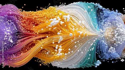 Colorful Abstract Flow with Vibrant Swirls and Dynamic Particle Effects on Black Background
