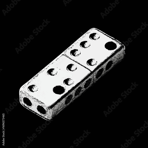 Close-up view of a classic domino piece in black and white on a dark background showcasing its unique pattern and texture