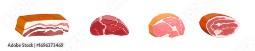 Set of raw meat pieces. Fresh meat cuts for cooking, grocery store, menu, or recipe concept. Flat style vector illustration.