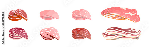 Various fresh meat and sausage products set vector. Raw steaks, slices of salami, bacon and ham collection for grocery store.