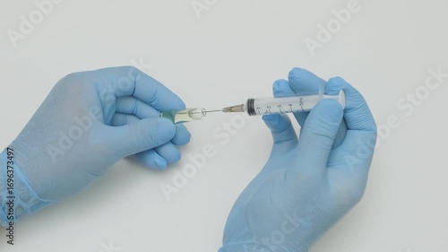 doctor in blue gloves fills syringe with medicine from ampoule, slow motion
