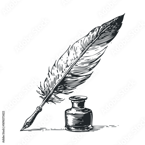 Vintage ink pen and quill with inkwell on a wooden table. Vector hand drawn illustration