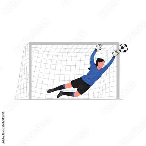 Dynamic female soccer goalkeeper dives horizontally to block a vibrant soccer ball in front of a goalpost, a striking 2D flat vector illustration with clean outlines and vivid colors on white.