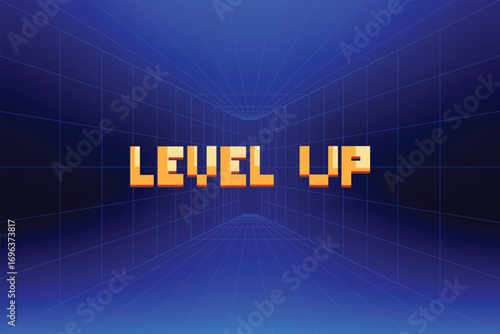 LEVEL UP icon pixel art. 8 bit game. retro game. Retro Futurism Sci-Fi Background. glowing neon grid. and stars from vintage arcade computer games