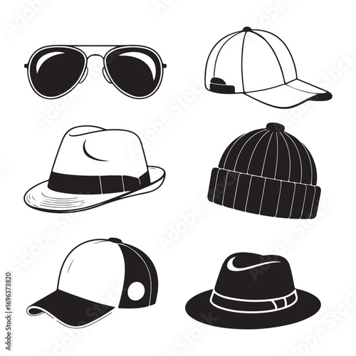 Baseball caps, sunglasses, and hat icons