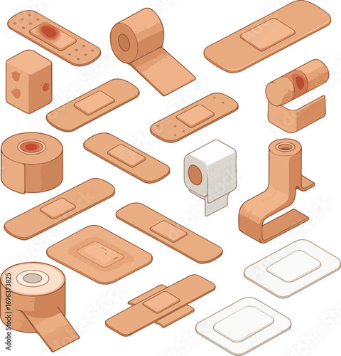 Isometric Detailed Bandage Plaster Collection Set Medical First Aid Illustration