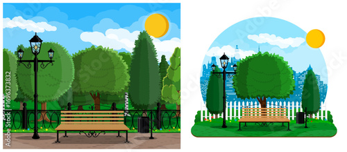 Two park scenes in flat style. Outdoor bench with street lamp. Urban landscape background and city skyline. Green recreation area.