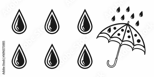 Raindrops and Umbrella Icon Set