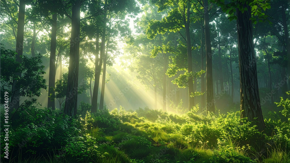 Obraz premium Scenic forest landscape with morning sunlight breaking through tall trees and mist, creating a magical natural atmosphere.
