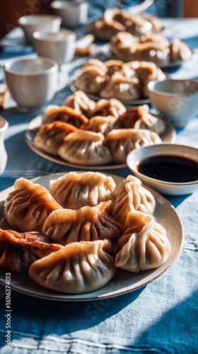 Wallpaper Mural Dumplings served on plates with soy sauce and tea in a cozy dining setting during afternoon Torontodigital.ca
