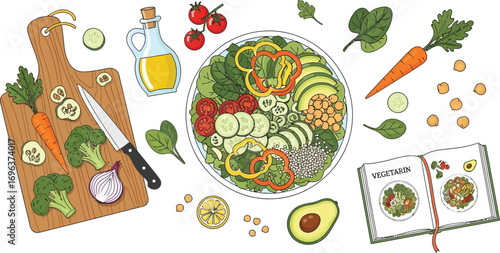 Fresh, vibrant salad preparation with healthy ingredients and a cookbook, showcasing a delicious and nutritious meal.