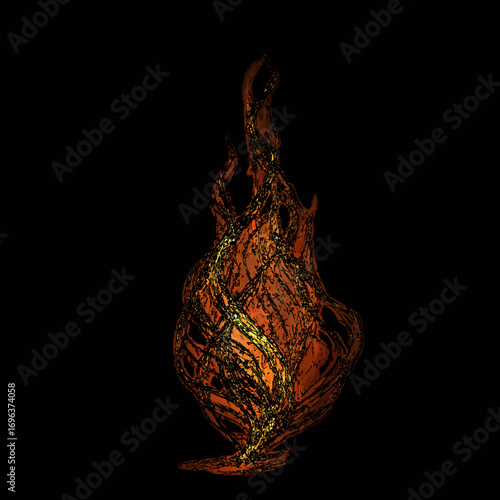 Artistic representation of swirling flames in vibrant orange and gold against a black background showcasing abstract fire design