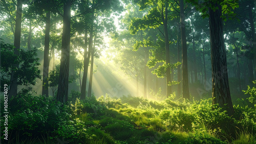 Scenic forest landscape with morning sunlight breaking through tall trees and mist, creating a magical natural atmosphere.