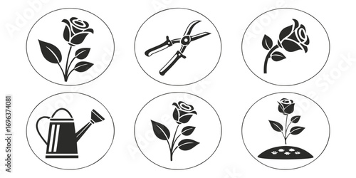 Rose Garden Icons: Blooming Flowers and Gardening Tools
